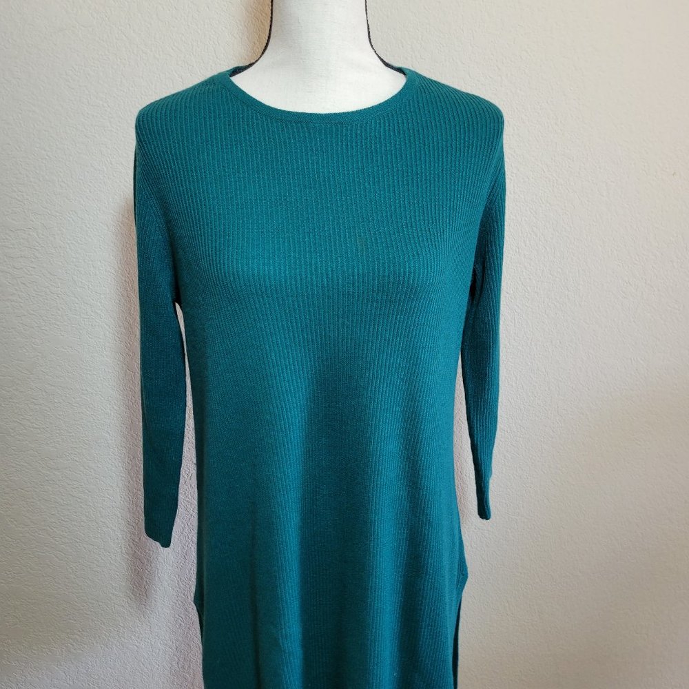 J. Jill Hunter Green Sweater Small Tunic Wool Top 3/4 Sleeve Relaxed Loose Fit - Picture 2 of 5